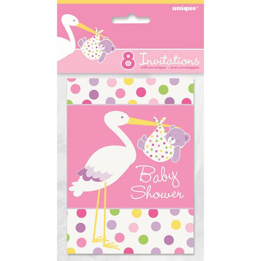 Baby Shower Stork Pink Invitations (Pack of 8) - The Party Marketplace