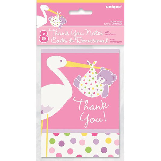 Baby Shower Stork Pink - Thank You Notes (Pack of 8) - The Party Marketplace