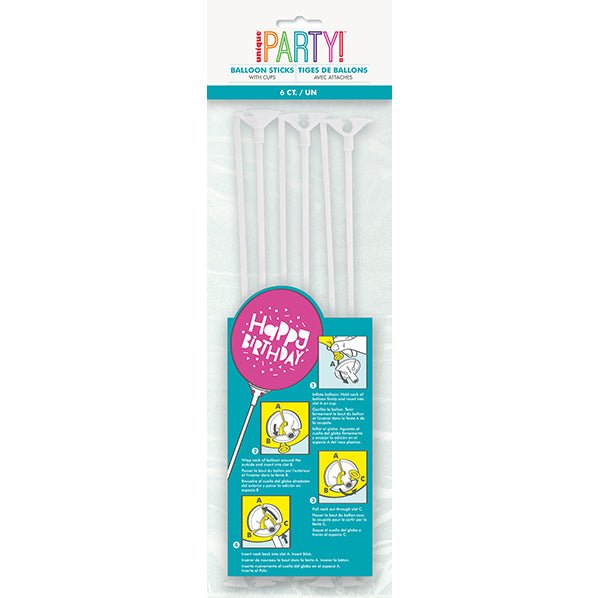 Balloon Sticks And Cups - White (Pack of 6) - The Party Marketplace