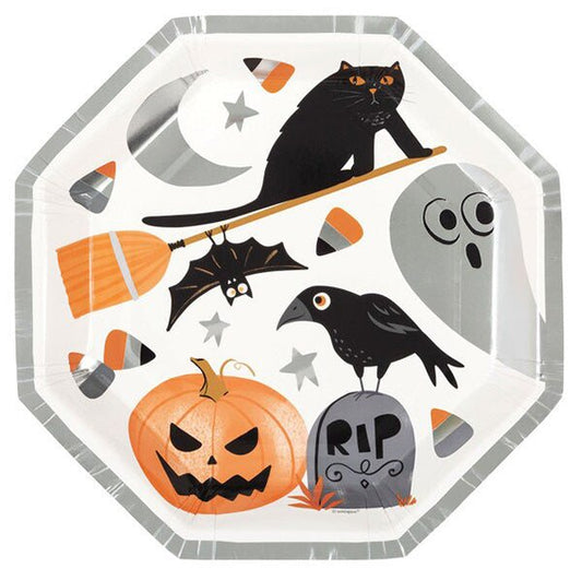 Bats & Boos Halloween Foil Stamped Octagonal Shaped Paper Plates 23cm (Pack of 8) - The Party Marketplace