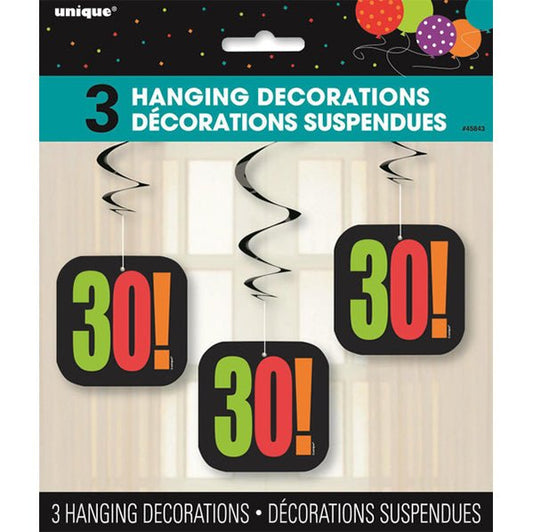 Birthday Cheer "30" Hanging Swirl Decorations (Pack of 3) - The Party Marketplace