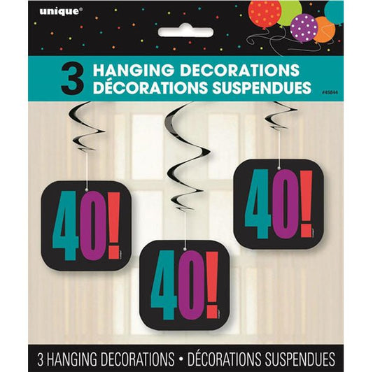 Birthday Cheer "40" Hanging Swirl Decorations (Pack of 3) - The Party Marketplace