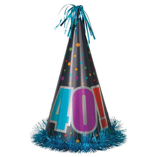 Birthday Cheer "40" Large Foil Cone Hat 33cm - The Party Marketplace