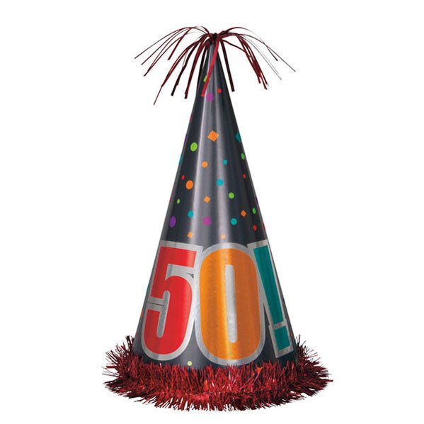 Birthday Cheer "50" Large Foil Cone Hat 33cm - The Party Marketplace