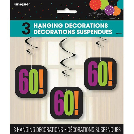 Birthday Cheer "60" Hanging Swirl Decorations (Pack of 3) - The Party Marketplace