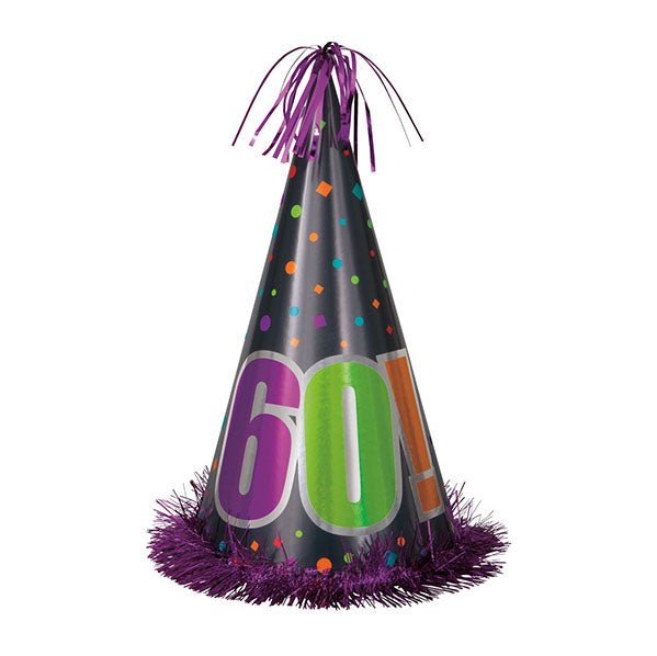Birthday Cheer "60" Large Foil Cone Hat 33cm - The Party Marketplace