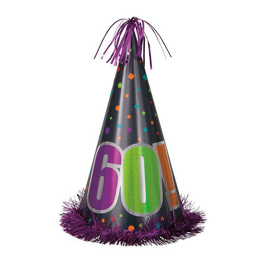Birthday Cheer "60" Large Foil Cone Hat 33cm - The Party Marketplace