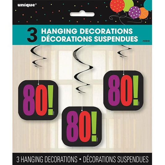 Birthday Cheer "80" Hanging Swirl Decorations (Pack of 3) - The Party Marketplace