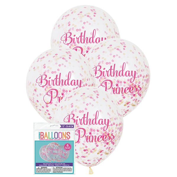 "Birthday Princess" Clear Balloons With Dark Pink, Light Pink & Gold Confetti Balloons 30cm (Pack of 6) - The Party Marketplace