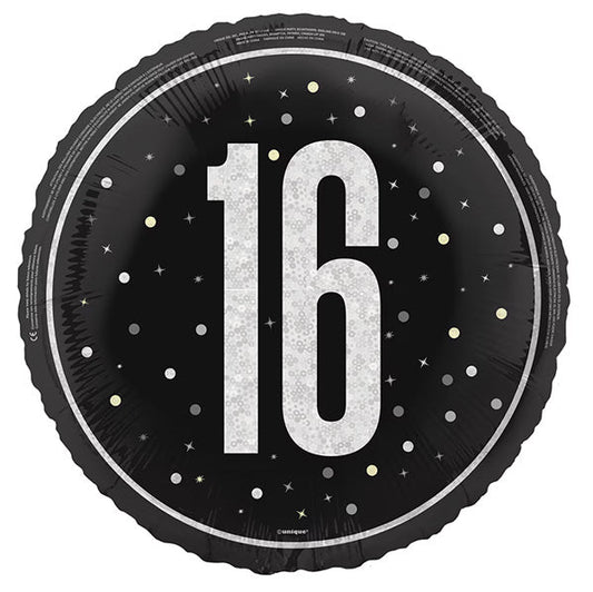 Black "16" Foil Prismatic Balloon 45cm - The Party Marketplace