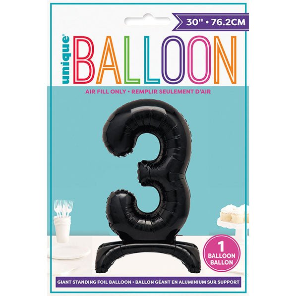 Black "3" Giant Standing Numeral Foil Balloon (76cm) - The Party Marketplace