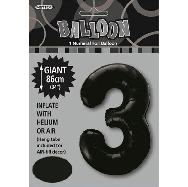 Black "3" Numeral Foil Balloon (86cm) - The Party Marketplace