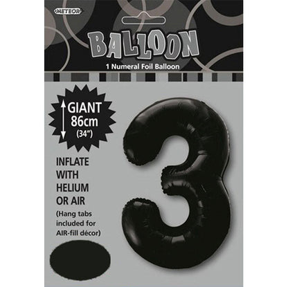 Black "3" Numeral Foil Balloon (86cm) - The Party Marketplace