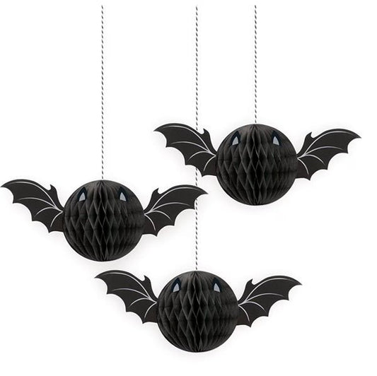 Black Bat Hanging Honeycomb Decorations (Pack of 3) - The Party Marketplace