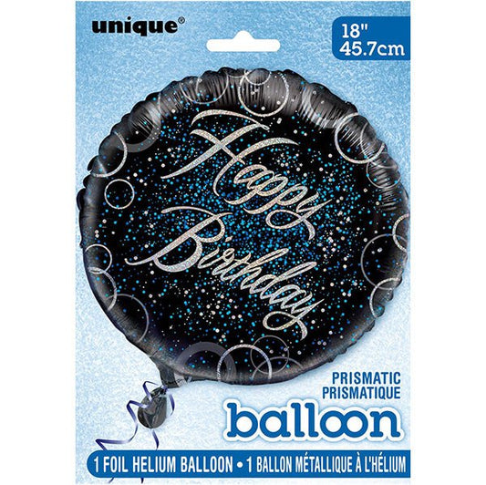 Black & Blue Glitz "Happy Birthday" Foil Balloon 45cm - The Party Marketplace
