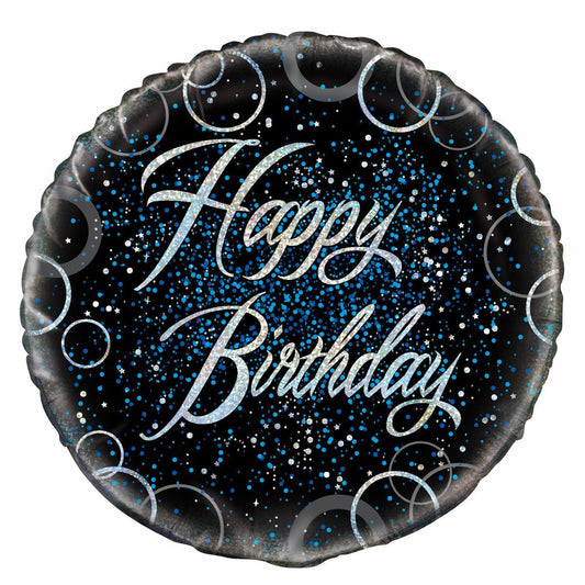 Black & Blue Glitz "Happy Birthday" Foil Balloon 45cm - The Party Marketplace