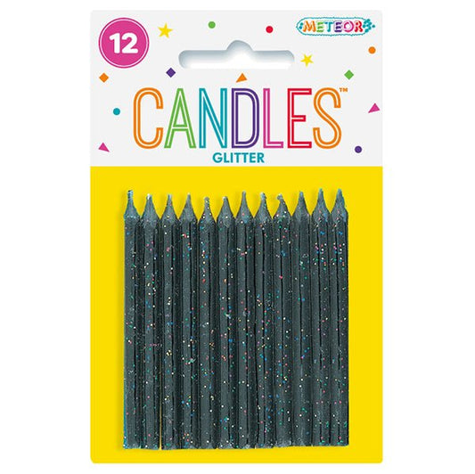 Black Glitter Candles (Pack of 12) - The Party Marketplace