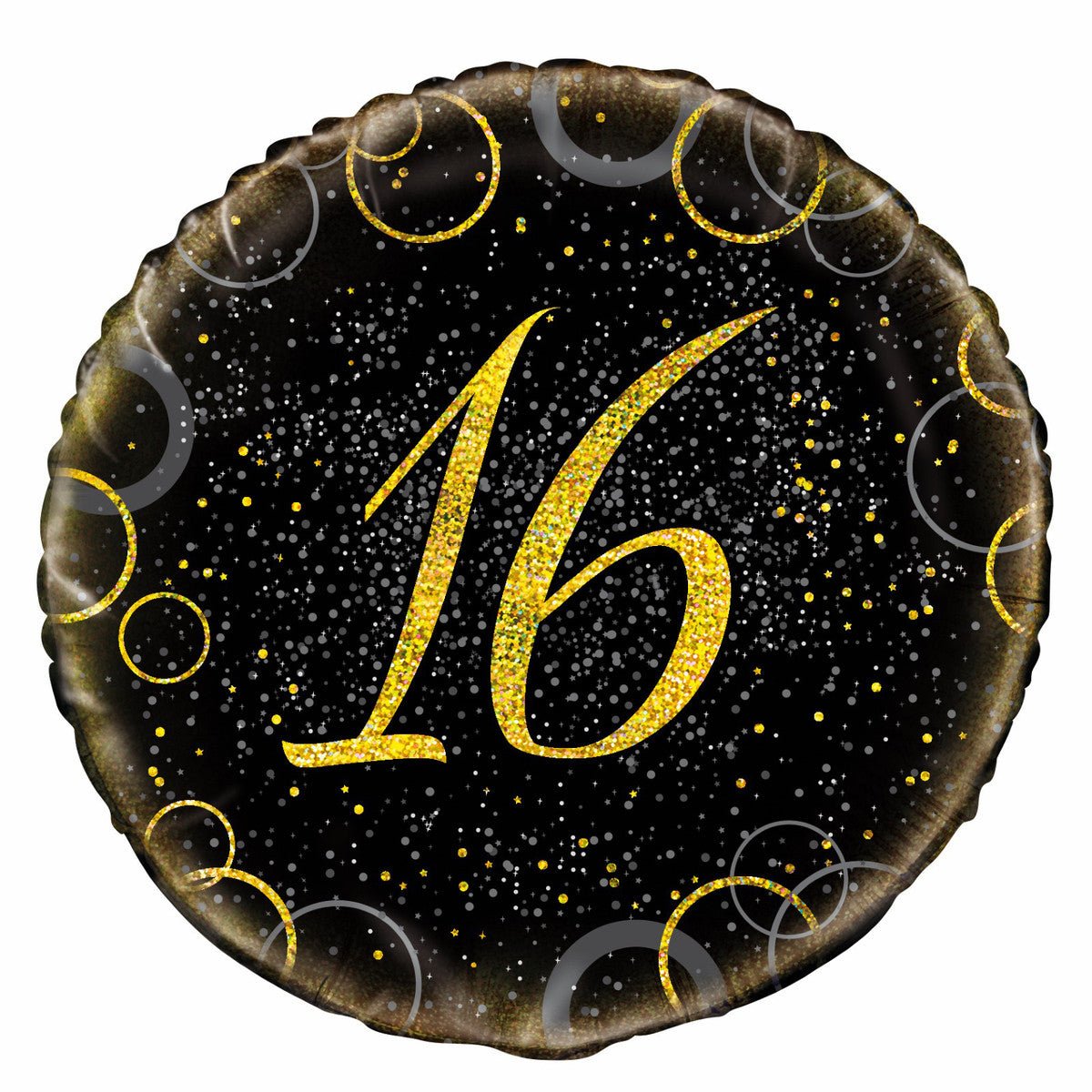 Black & Gold Glitz "16" Foil Balloon 45cm - The Party Marketplace