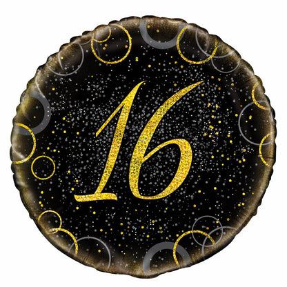Black & Gold Glitz "16" Foil Balloon 45cm - The Party Marketplace