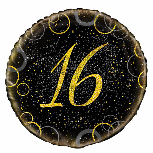 Black & Gold Glitz "16" Foil Balloon 45cm - The Party Marketplace