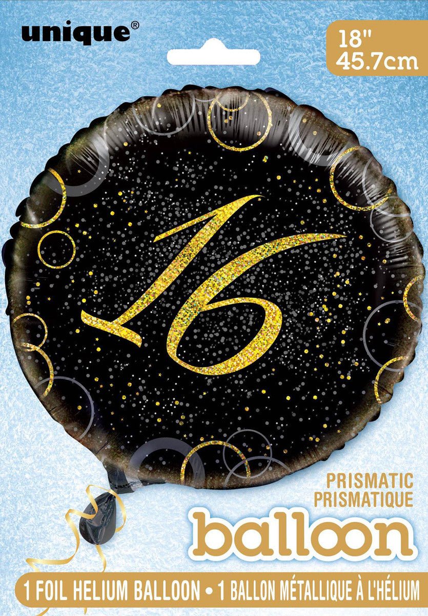 Black & Gold Glitz "16" Foil Balloon 45cm - The Party Marketplace