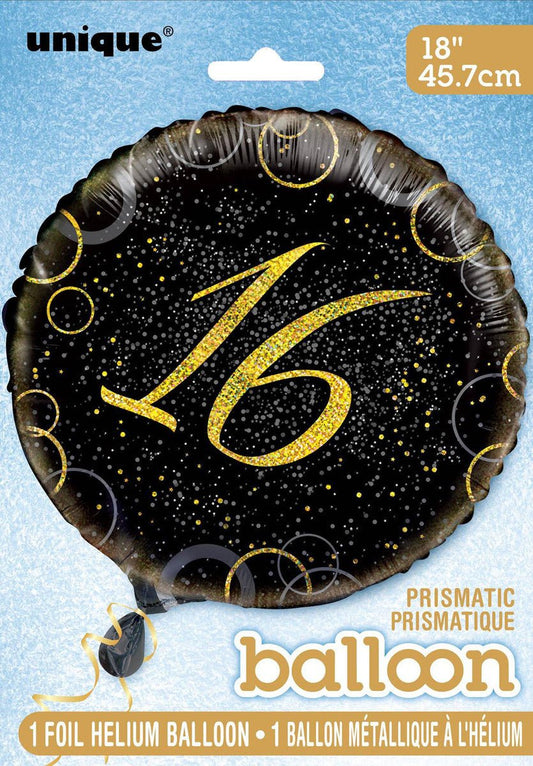 Black & Gold Glitz "16" Foil Balloon 45cm - The Party Marketplace