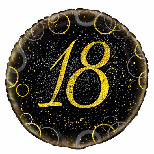 Black & Gold Glitz "18" Foil Balloon 45cm - The Party Marketplace