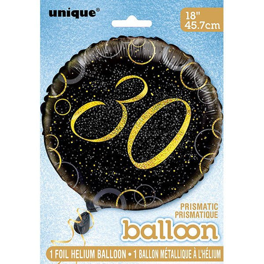 Black & Gold Glitz "30" Foil Balloon 45cm - The Party Marketplace