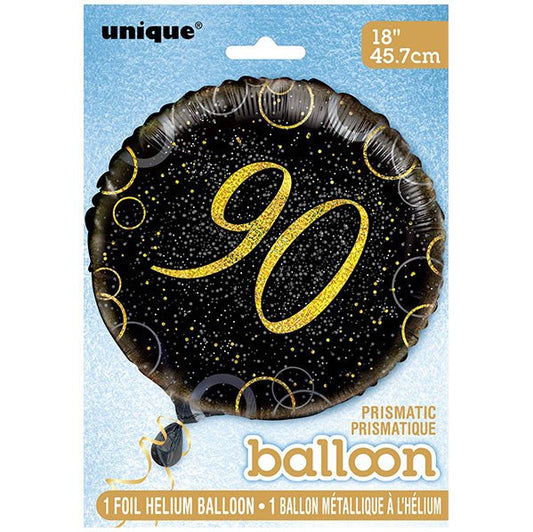 Black & Gold Glitz "90" Foil Balloon 45cm - The Party Marketplace