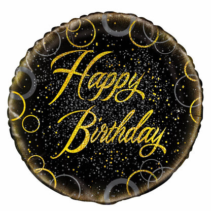 Black & Gold Glitz "Happy Birthday" Foil Balloon 45cm - The Party Marketplace