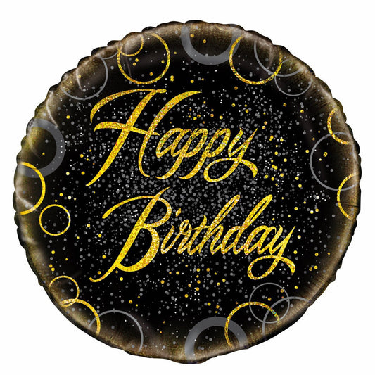 Black & Gold Glitz "Happy Birthday" Foil Balloon 45cm - The Party Marketplace