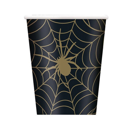 Black & Gold Spider Web Paper Cups 270ml (Pack of 8) - The Party Marketplace