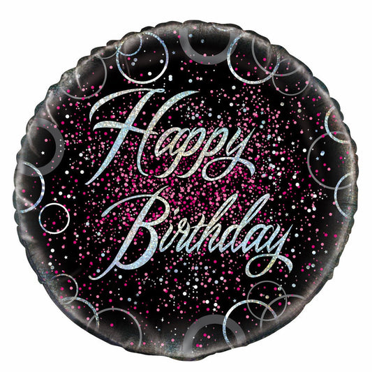 Black & Pink Glitz "Happy Birthday" Foil Balloon 45cm - The Party Marketplace
