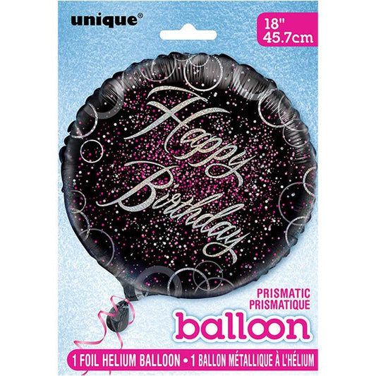 Black & Pink Glitz "Happy Birthday" Foil Balloon 45cm - The Party Marketplace