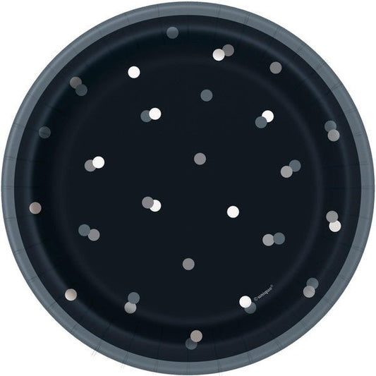 Black & Silver Dot Paper Plates 18cm (Pack of 8) - The Party Marketplace