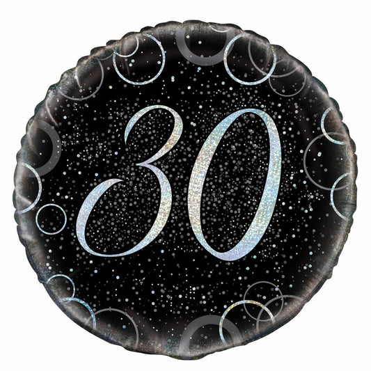 Black & Silver Glitz "30" Foil Balloon 45cm - The Party Marketplace