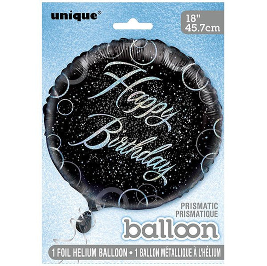 Black & Silver Glitz "Happy Birthday" Foil Balloon 45cm - The Party Marketplace