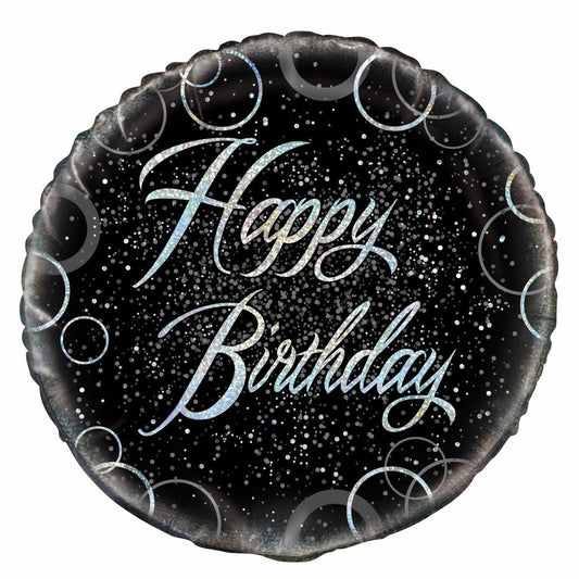 Black & Silver Glitz "Happy Birthday" Foil Balloon 45cm - The Party Marketplace