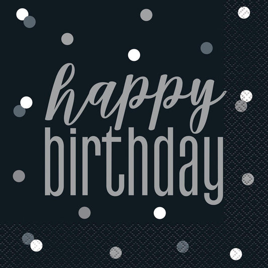 Black & Silver "Happy Birthday" Luncheon Napkins (Pack of 16) - The Party Marketplace