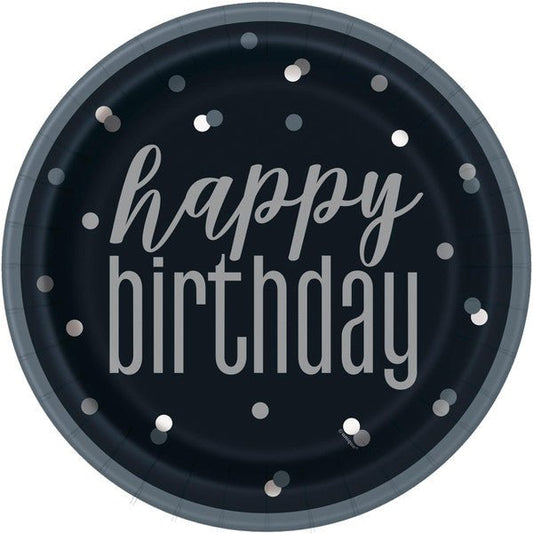 Black & Silver "Happy Birthday" Paper Plates 23cm (Pack of 8) - The Party Marketplace