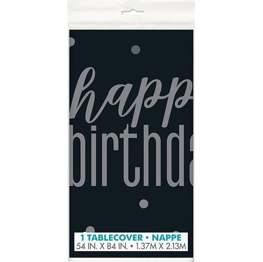 Black & Silver "Happy Birthday" Printed Tablecover 137cm x 213cm - The Party Marketplace