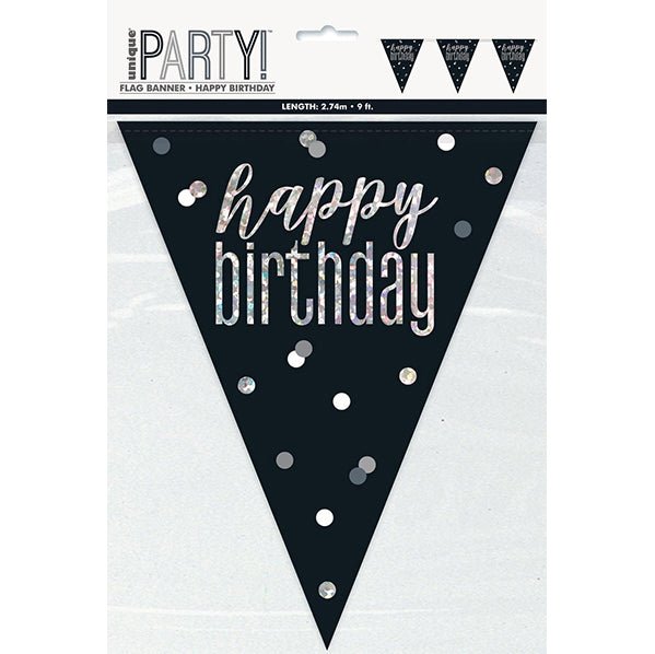 Black & Silver Prismatic "Happy Birthday" Flag Banner - 2.74m - The Party Marketplace