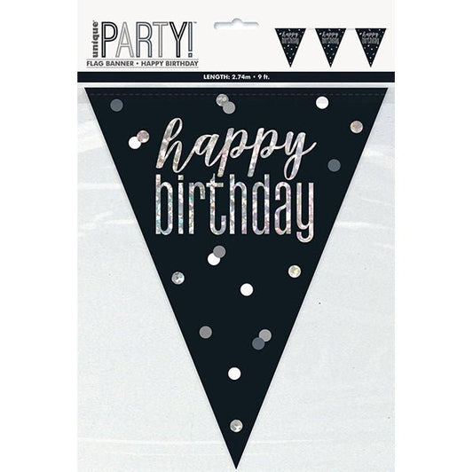 Black & Silver Prismatic "Happy Birthday" Flag Banner - 2.74m - The Party Marketplace