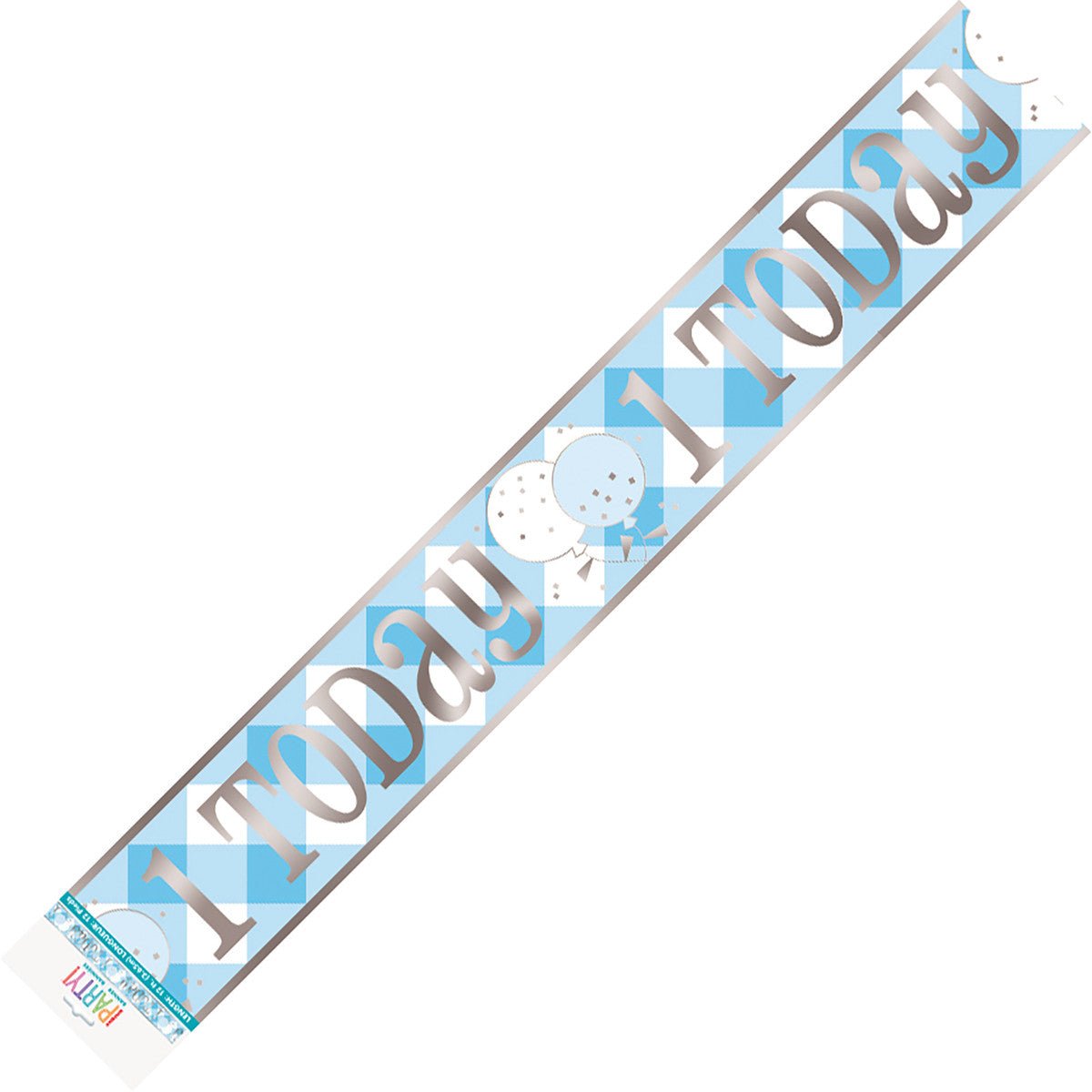 Blue Gingham 1st Birthday "1 Today" Foil Banner - 3.6m - The Party Marketplace