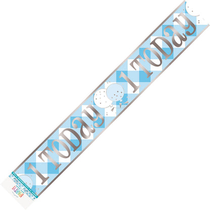 Blue Gingham 1st Birthday "1 Today" Foil Banner - 3.6m - The Party Marketplace