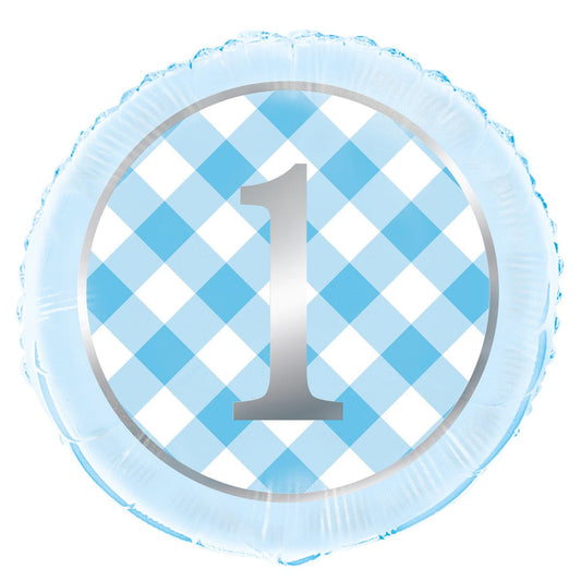 Blue Gingham 1st Birthday Foil Balloon 45cm - The Party Marketplace