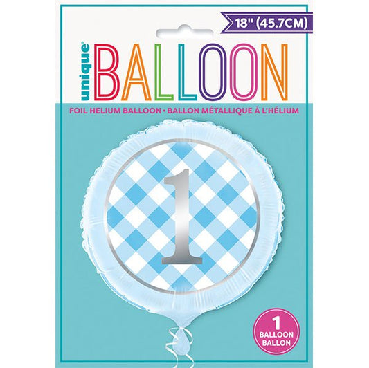 Blue Gingham 1st Birthday Foil Balloon 45cm - The Party Marketplace