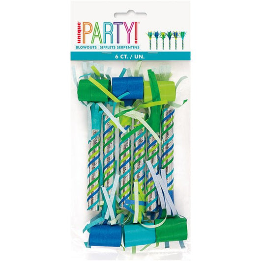 Blue & Green Stripe Fringed Blowouts (Pack of 6) - The Party Marketplace