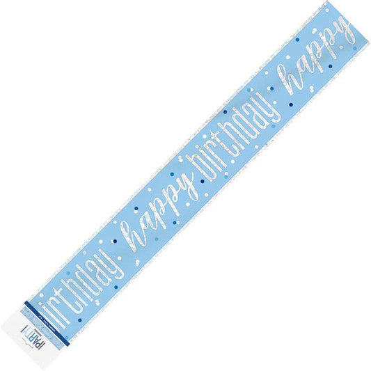 Blue "Happy Birthday" Prismatic Foil Banner - 2.74m - The Party Marketplace