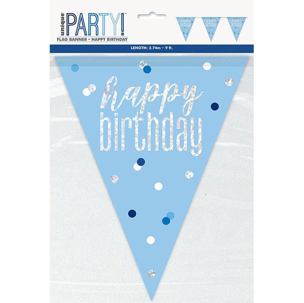Blue Prismatic "Happy Birthday" Flag Banner - 2.74m - The Party Marketplace